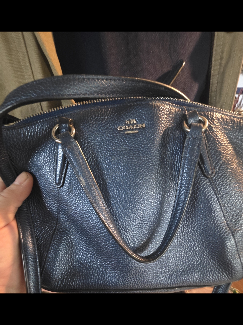 Coach Pebbled Leather Satchel in Navy Blue with Gold Hardware